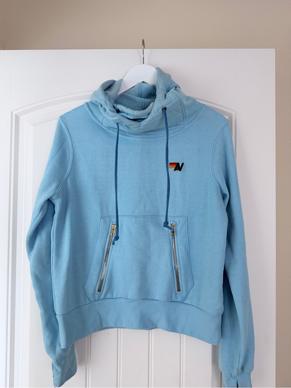 Aviator Nation Light Blue Funnel Neck Hoodie with Rainbow Logo hoodie Xs